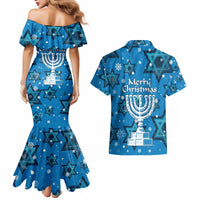 Israel Christmas Couples Matching Mermaid Dress and Hawaiian Shirt with Blue Star of David Pattern and Menorah Motif - Wonder Print Shop