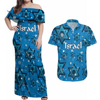 Israel Christmas Couples Matching Off Shoulder Maxi Dress and Hawaiian Shirt with Blue Star of David Pattern and Menorah Motif - Wonder Print Shop