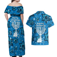 Israel Christmas Couples Matching Off Shoulder Maxi Dress and Hawaiian Shirt with Blue Star of David Pattern and Menorah Motif - Wonder Print Shop