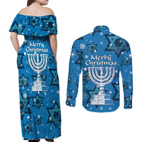 Israel Christmas Couples Matching Off Shoulder Maxi Dress and Long Sleeve Button Shirt with Blue Star of David Pattern and Menorah Motif - Wonder Print Shop