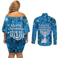 Israel Christmas Couples Matching Off Shoulder Short Dress and Long Sleeve Button Shirt with Blue Star of David Pattern and Menorah Motif - Wonder Print Shop