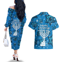 Israel Christmas Couples Matching Off The Shoulder Long Sleeve Dress and Hawaiian Shirt with Blue Star of David Pattern and Menorah Motif - Wonder Print Shop