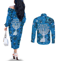 Israel Christmas Couples Matching Off The Shoulder Long Sleeve Dress and Long Sleeve Button Shirt with Blue Star of David Pattern and Menorah Motif - Wonder Print Shop