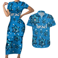 Israel Christmas Couples Matching Short Sleeve Bodycon Dress and Hawaiian Shirt with Blue Star of David Pattern and Menorah Motif - Wonder Print Shop