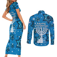Israel Christmas Couples Matching Short Sleeve Bodycon Dress and Long Sleeve Button Shirt with Blue Star of David Pattern and Menorah Motif - Wonder Print Shop
