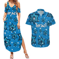 Israel Christmas Couples Matching Summer Maxi Dress and Hawaiian Shirt with Blue Star of David Pattern and Menorah Motif - Wonder Print Shop