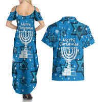 Israel Christmas Couples Matching Summer Maxi Dress and Hawaiian Shirt with Blue Star of David Pattern and Menorah Motif - Wonder Print Shop