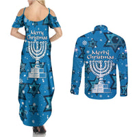 Israel Christmas Couples Matching Summer Maxi Dress and Long Sleeve Button Shirt with Blue Star of David Pattern and Menorah Motif - Wonder Print Shop