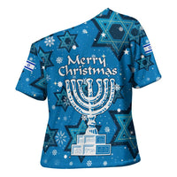 Israel Christmas Cross Shoulder Shirt with Blue Star of David Pattern and Menorah Motif - Wonder Print Shop
