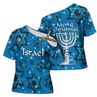 Israel Christmas Cross Shoulder Shirt with Blue Star of David Pattern and Menorah Motif - Wonder Print Shop