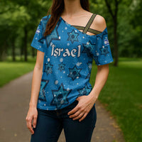 Israel Christmas Cross Shoulder Shirt with Blue Star of David Pattern and Menorah Motif - Wonder Print Shop