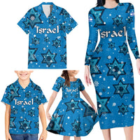 Israel Christmas Family Matching Long Sleeve Bodycon Dress and Hawaiian Shirt with Blue Star of David Pattern and Menorah Motif - Wonder Print Shop
