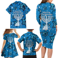 Israel Christmas Family Matching Long Sleeve Bodycon Dress and Hawaiian Shirt with Blue Star of David Pattern and Menorah Motif - Wonder Print Shop