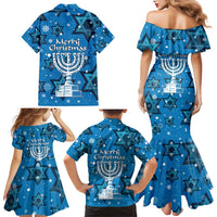 Israel Christmas Family Matching Mermaid Dress and Hawaiian Shirt with Blue Star of David Pattern and Menorah Motif - Wonder Print Shop