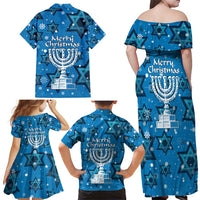 Israel Christmas Family Matching Off Shoulder Maxi Dress and Hawaiian Shirt with Blue Star of David Pattern and Menorah Motif - Wonder Print Shop