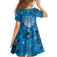 Israel Christmas Family Matching Short Sleeve Bodycon Dress and Hawaiian Shirt with Blue Star of David Pattern and Menorah Motif - Wonder Print Shop