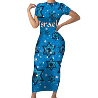 Israel Christmas Family Matching Short Sleeve Bodycon Dress and Hawaiian Shirt with Blue Star of David Pattern and Menorah Motif - Wonder Print Shop