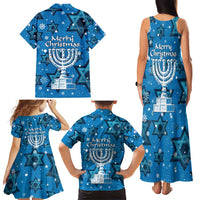 Israel Christmas Family Matching Tank Maxi Dress and Hawaiian Shirt with Blue Star of David Pattern and Menorah Motif - Wonder Print Shop