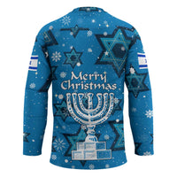 Israel Christmas Hockey Jersey with Blue Star of David Pattern and Menorah Motif - Wonder Print Shop
