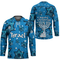Israel Christmas Hockey Jersey with Blue Star of David Pattern and Menorah Motif - Wonder Print Shop