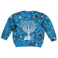 Israel Christmas Kid Ugly Christmas Sweater with Blue Star of David Pattern and Menorah Motif - Wonder Print Shop