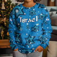 Israel Christmas Kid Ugly Christmas Sweater with Blue Star of David Pattern and Menorah Motif - Wonder Print Shop