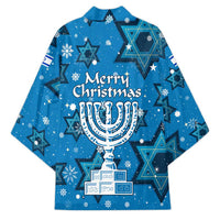Israel Christmas Kimono with Blue Star of David Pattern and Menorah Motif - Wonder Print Shop
