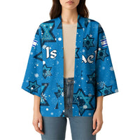 Israel Christmas Kimono with Blue Star of David Pattern and Menorah Motif - Wonder Print Shop