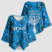 Israel Christmas Kimono Sleeve Blouse with Blue Star of David Pattern and Menorah Motif - Wonder Print Shop