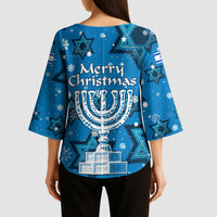 Israel Christmas Kimono Sleeve Blouse with Blue Star of David Pattern and Menorah Motif - Wonder Print Shop