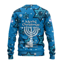 Israel Christmas Ugly Christmas Sweater with Blue Star of David Pattern and Menorah Motif - Wonder Print Shop