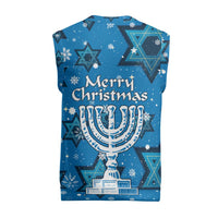 Israel Christmas Knitted V-Neck Vest with Blue Star of David Pattern and Menorah Motif - Wonder Print Shop