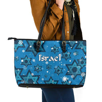 Israel Christmas Leather Tote Bag with Blue Star of David Pattern and Menorah Motif - Wonder Print Shop