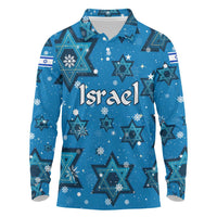 Israel Christmas Long Sleeve Polo Shirt with Blue Star of David Pattern and Menorah Motif - Wonder Print Shop