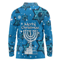 Israel Christmas Long Sleeve Polo Shirt with Blue Star of David Pattern and Menorah Motif - Wonder Print Shop
