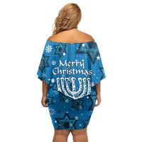 Israel Christmas Off Shoulder Short Dress with Blue Star of David Pattern and Menorah Motif - Wonder Print Shop