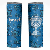 Israel Christmas Skinny Tumbler with Blue Star of David Pattern and Menorah Motif - Wonder Print Shop