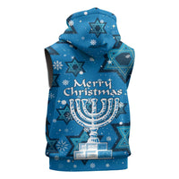 Israel Christmas Sleeveless Zip Hoodie with Blue Star of David Pattern and Menorah Motif - Wonder Print Shop
