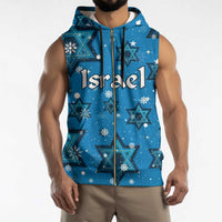 Israel Christmas Sleeveless Zip Hoodie with Blue Star of David Pattern and Menorah Motif - Wonder Print Shop