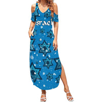 Israel Christmas Summer Maxi Dress with Blue Star of David Pattern and Menorah Motif - Wonder Print Shop