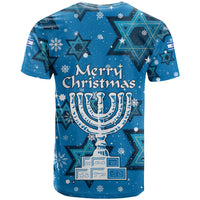 Israel Christmas T Shirt with Blue Star of David Pattern and Menorah Motif - Wonder Print Shop
