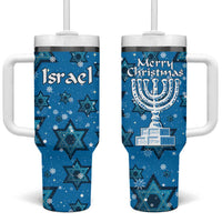 Israel Christmas Tumbler With Handle with Blue Star of David Pattern and Menorah Motif - Wonder Print Shop