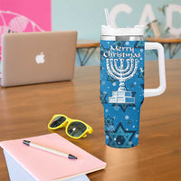 Israel Christmas Tumbler With Handle with Blue Star of David Pattern and Menorah Motif - Wonder Print Shop