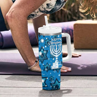 Israel Christmas Tumbler With Handle with Blue Star of David Pattern and Menorah Motif - Wonder Print Shop