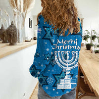 Israel Christmas Women Casual Shirt with Blue Star of David Pattern and Menorah Motif - Wonder Print Shop