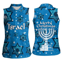 Israel Christmas Women Sleeveless Polo Shirt with Blue Star of David Pattern and Menorah Motif - Wonder Print Shop