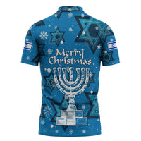 Israel Christmas Zipper Polo Shirt with Blue Star of David Pattern and Menorah Motif - Wonder Print Shop