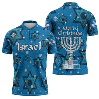 Israel Christmas Zipper Polo Shirt with Blue Star of David Pattern and Menorah Motif - Wonder Print Shop