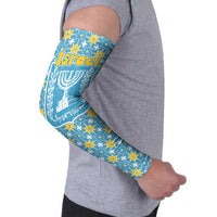 Israel Christmas Arm Sleeves with Blue-Yellow Star Pattern, Menorah, and Santa Motif - Wonder Print Shop