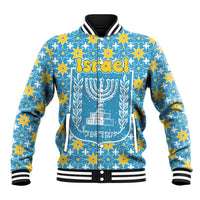 Israel Christmas Baseball Jacket with Blue-Yellow Star Pattern, Menorah, and Santa Motif - Wonder Print Shop